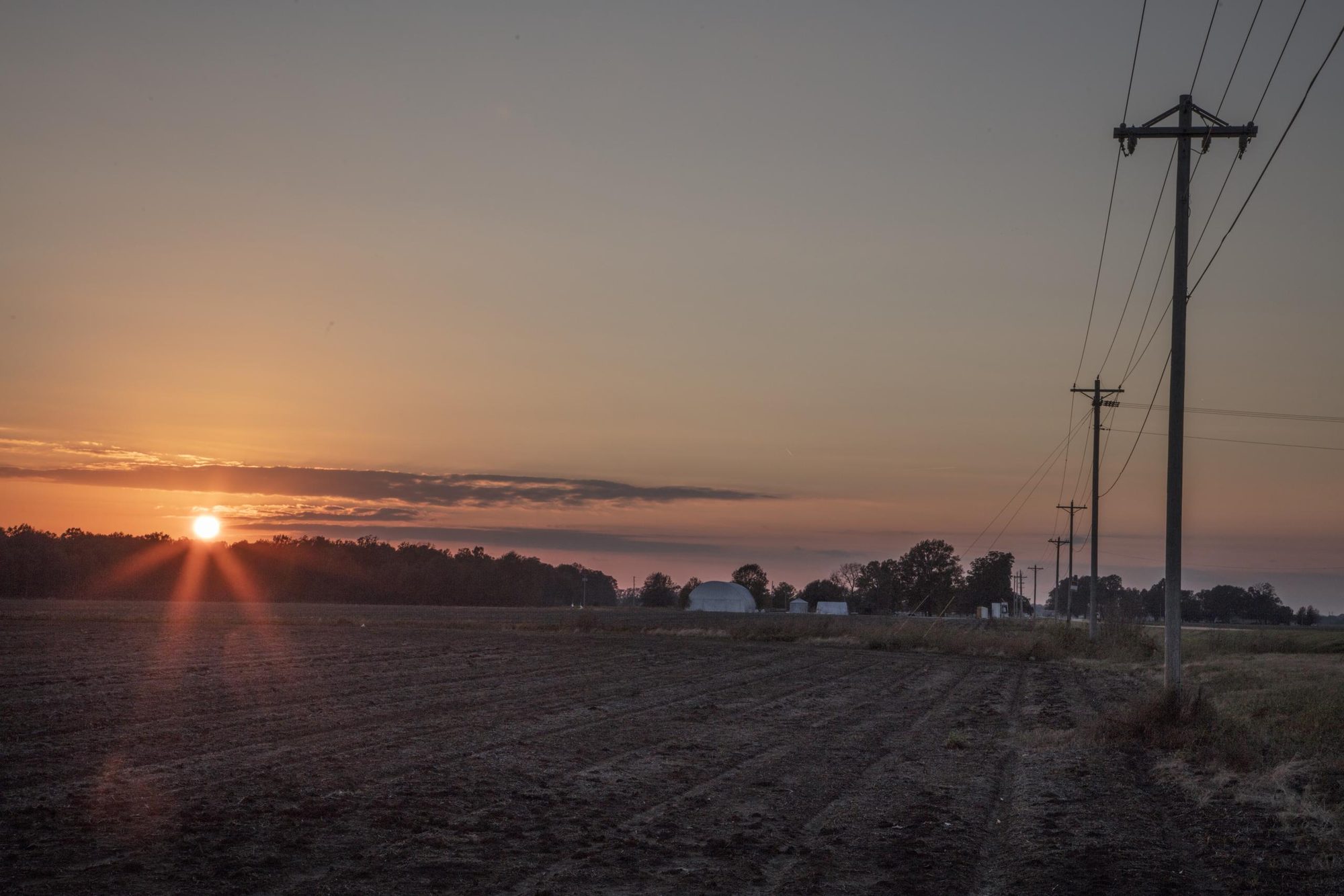 Sunset over farmland near Greenville, Mississippi